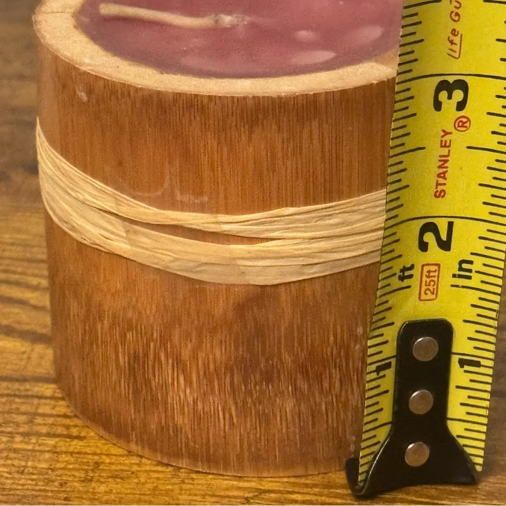 Rustic Wood Bamboo Style Candle ~3in‎ Plum Wax Raffia Tie Boho Decor